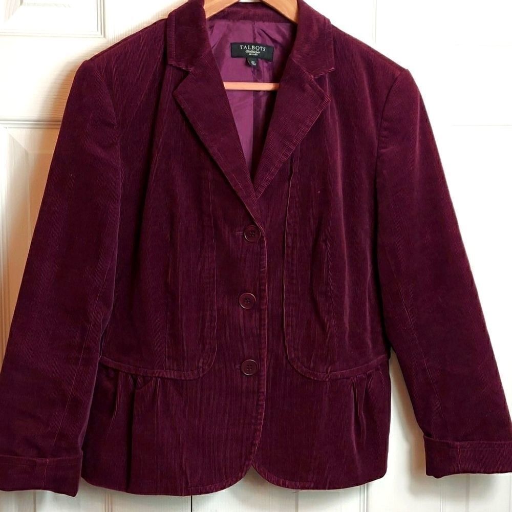 Talbots Burgundy Corduroy Ruffle Back Blazer Sz 10 Petite